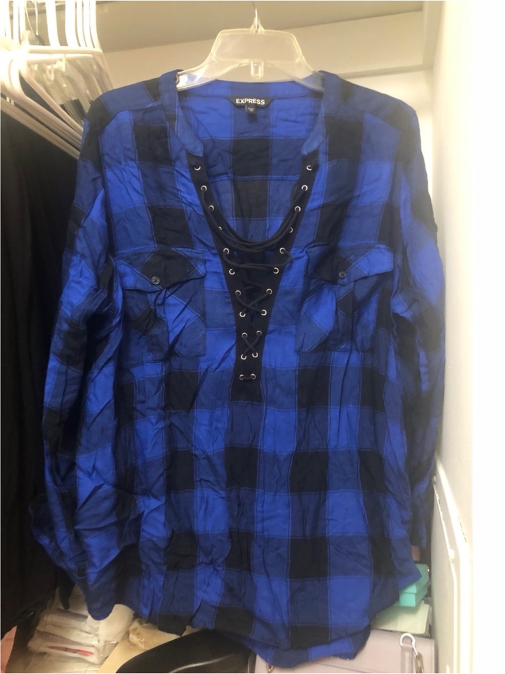 Express Blue and Black Plaid Lace-Up Tunic